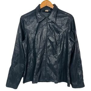 Cactus Flower Reptile Print Long Sleeve Full Zip Top Shirt Black - L
